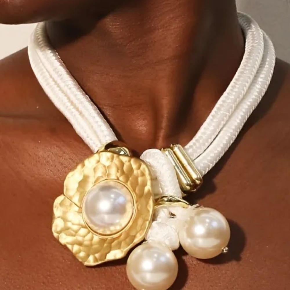 White Rope Necklace with Gold Floral Pearl Accent
